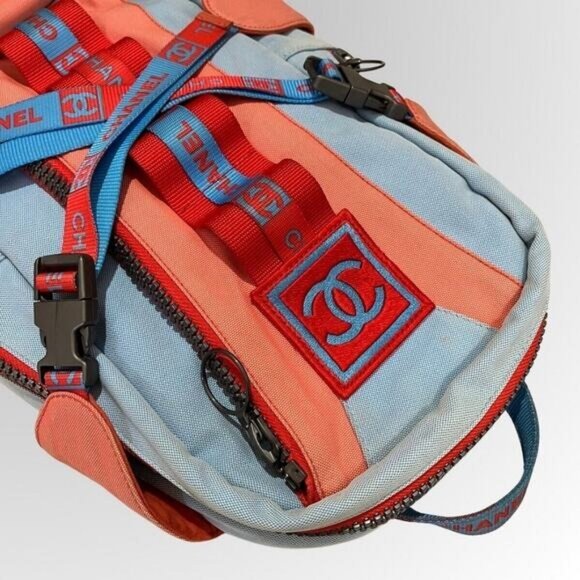 Authentic CHANEL CC Sport Line Nylon Backpack Bag Multicolor Blue Red Vintage - Picture 3 of 10